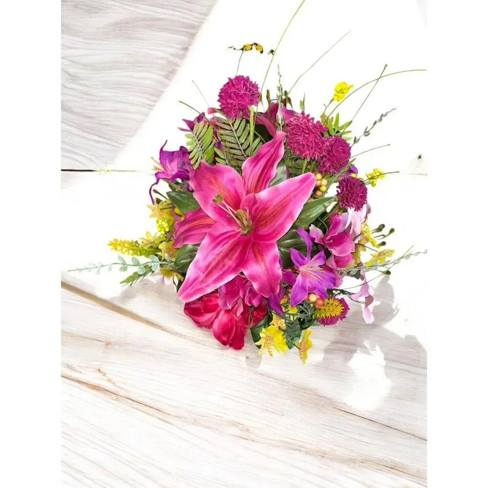 Spring & Summer Floral Arrangement in Ceramic Bucket – Silk Flower Centerpiece